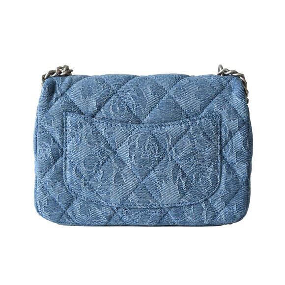 Chanel Denim Quilted Camellia Sweetheart Flap Bag Silver Hardware Blue